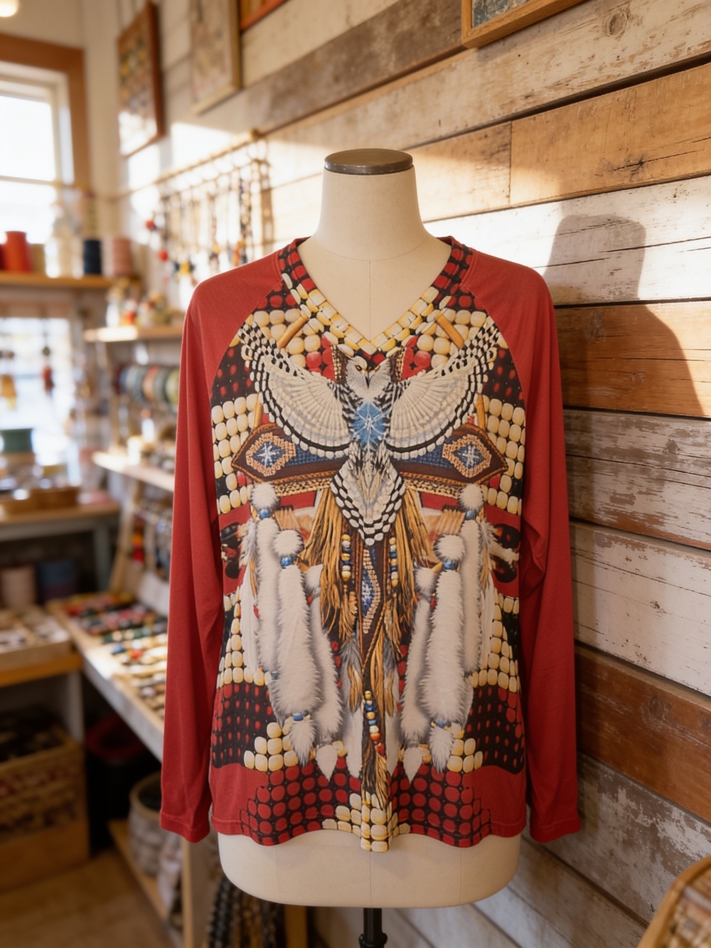 Women's Red Long-Sleeve Printed V-Neck Blouse